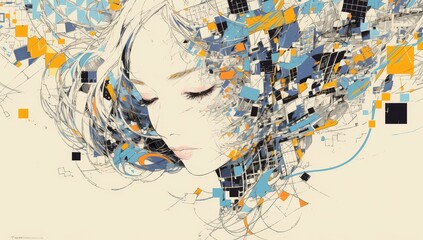 A beautiful woman with closed eyes, her head surrounded by abstract shapes and lines