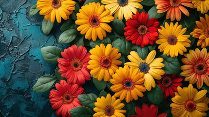  Colorful flowers on blue-green wall with green leafy plant