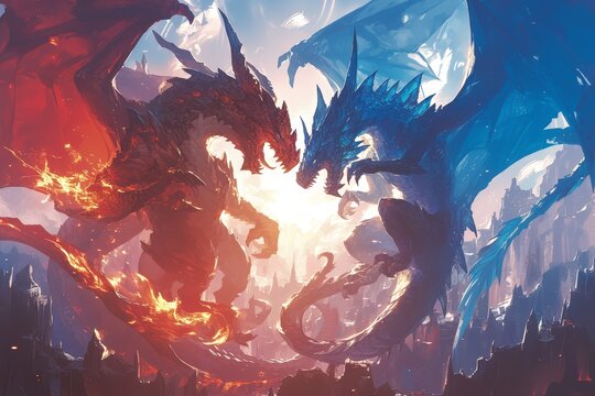 A blue dragon and red fire dragons fighting, fantasy art style