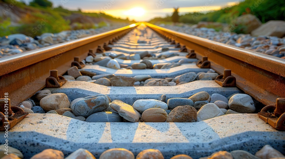 Poster a picture of a railroad track with boulders on it and a setting sun in backdrop