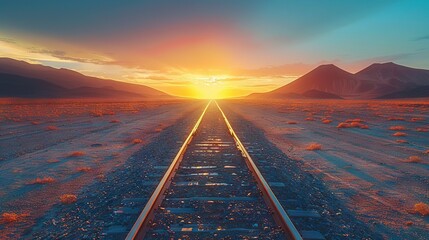   Train track in desert with setting sun over mountains background - Powered by Adobe