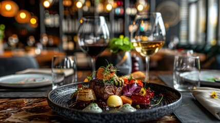 A sophisticated culinary dish, likely featuring tender meat and a variety of garnishes, elegantly arranged on a fine dining plate