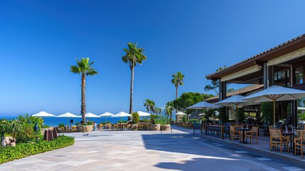 Fototapeta premium A serene image of a high-end seaside resort, featuring comfortable outdoor seating, palm trees, and a stunning ocean view
