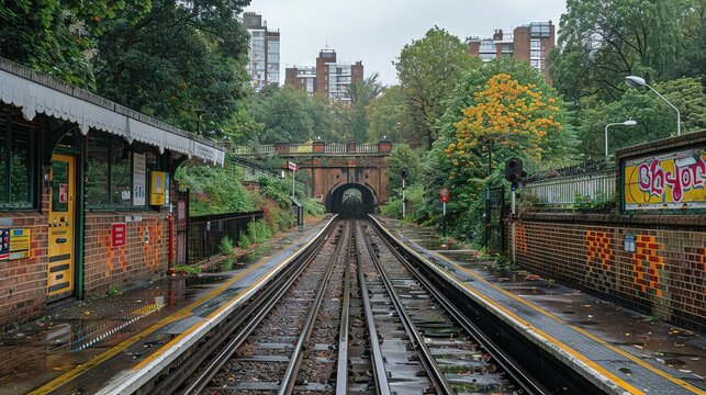  Train tracks with graffiti and a tunnel surrounded by trees and buildings