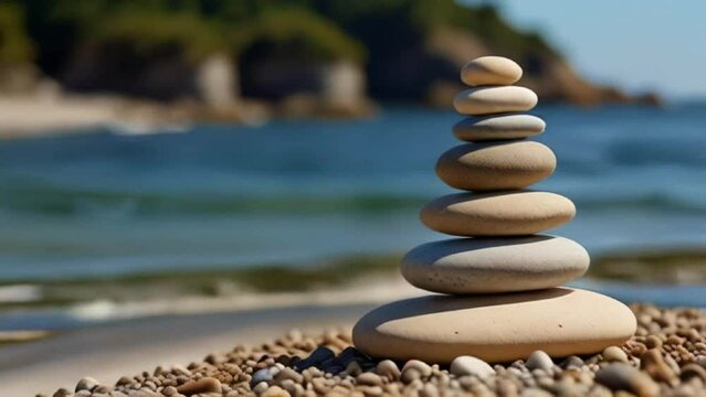 Balanced rock pyramid on sea pebbles beach, sunny day and clear sky at sunset. Golden sea bokeh on background. Selective focus, zen stones on sea beach, meditation, spa, harmony, calm, balance concept