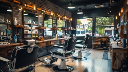 A contemporary barbershop with state-of-the-art barber chairs, elegant lighting, and sleek design elements