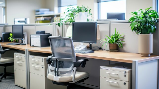 A cozy office cubicle setup with plants, computer monitor, and ergonomic chair showcasing a balanced work environment