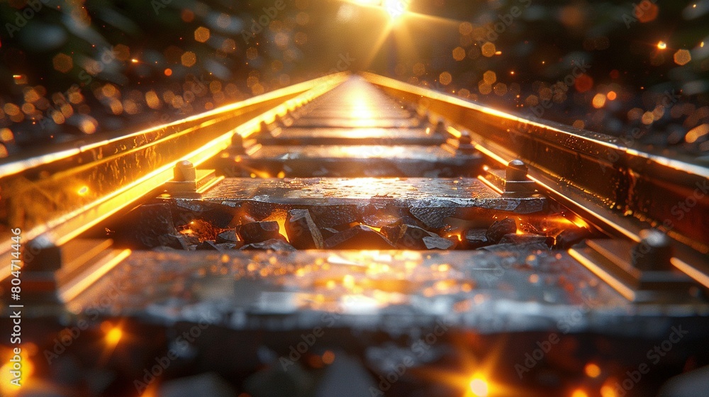 Poster a train track with the sun illuminating it and reflective track lights adding to its brightness