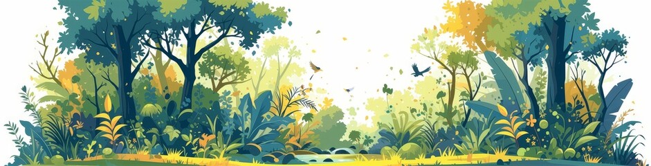 A cartoon vector illustration of an enchanting forest with tall trees, lush greenery, and a meandering stream in the center. 