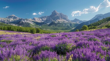 Fototapeta premium Purple Flowers Field With Mountain Background