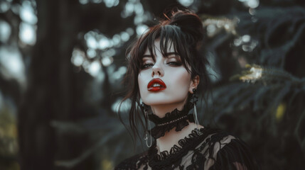Portrait of a brunette Goth style inspired woman, fashion and make-up shoot. Gothic, Goth, Emo, New Wave, Dark style fashion. Dark smokey make-up, red lipstick. Dramatic. Elegant.