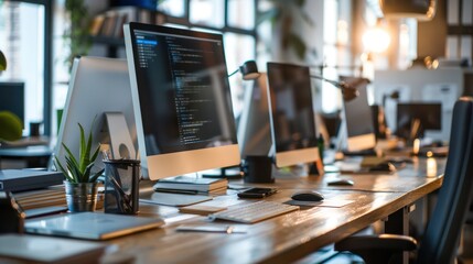 An office workspace featuring two computer monitors with code on the screen, showcasing a modern coding environment