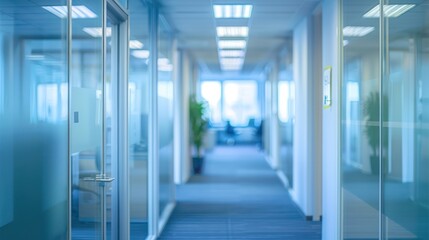 A blurred photograph capturing the perspective of a vibrant blue carpeted office hallway in bokeh