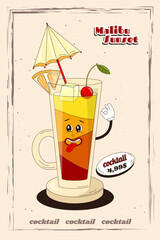 A summer advertising poster with a fun cocktail in vintage style. A mascot for bars and cafes in the form of a groovy cocktail with hands in the groovy style