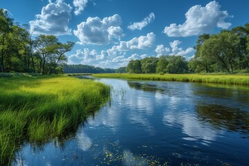 A breathtaking river landscape showcasing vibrant greenery under a sky dotted with fluffy clouds