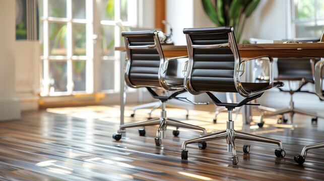 High-end corporate conference room boasting luxurious leather chairs and a polished wooden table