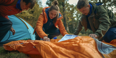 A group of friends work together to set up a campsite in a lush forest setting. Collaborative effort of pitching a tent, planning a journey, and enjoying the adventure of outdoor life