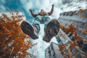 Dynamic low-angle shot of a man leaping in the air surrounded by falling leaves in an urban environment
