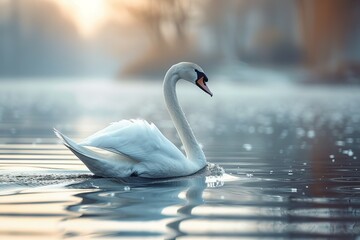 A graceful swan floats peacefully on calm waters, surrounded by a misty, ethereal landscape