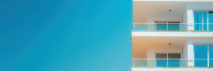 A modern apartment balcony displaying a minimalistic design with clear lines against a calming turquoise sky