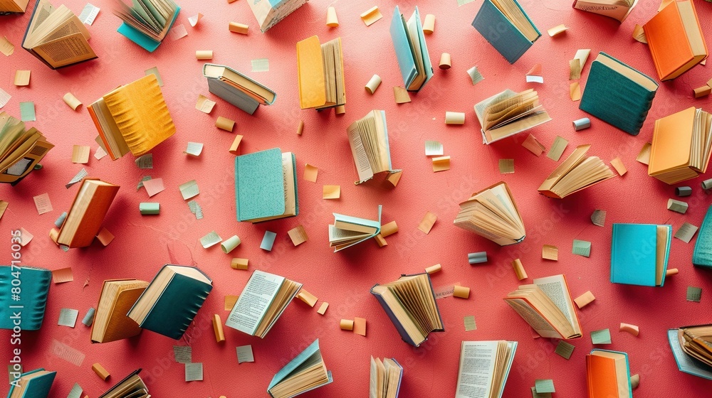 Poster a stack of books resting on top of each other against a reddish backdrop