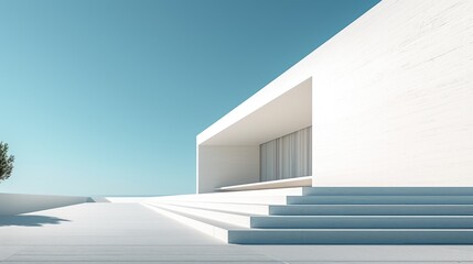 Photo of minimalistic geometric architectural building structure with white color and blue sky. Image of modern house with white color in square design with blue clear sky. Modern home concept. AIG42.