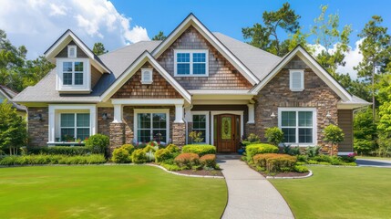 A traditional family home featuring a stone facade and a lush green yard, welcoming and warm for a homely feel
