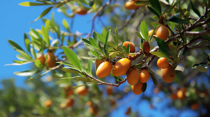 Close-up of vibrant argan fruits dangle from lush branches against a clear blue sky. Concept of the natural growth of the argan tree, source of argan oil, cosmetic and culinary industries ingredient