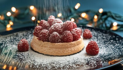 a visually captivating dessert with vibrant raspberries dusted with sugar against a dark background...