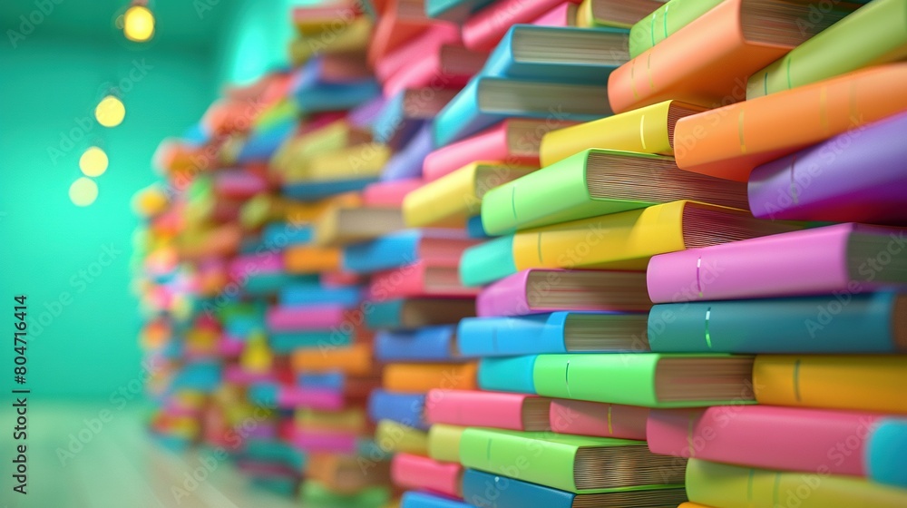 Poster a pile of books on top of another stack of books in front of a tall wall of books