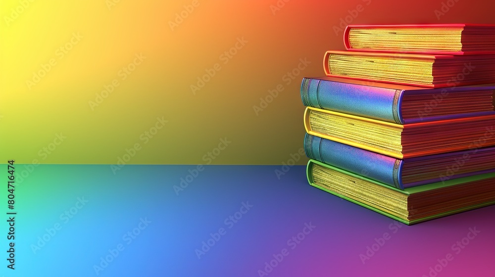 Poster multicolored books neatly arranged on top of one another against a vibrant backdrop