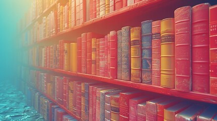   A row of books on a red shelf with adjacent wall-mounted bookshelves