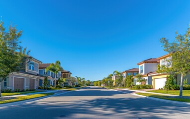 Obraz premium A wide suburban street view displaying modern houses with manicured lawns and a clear blue sky on a sunny day