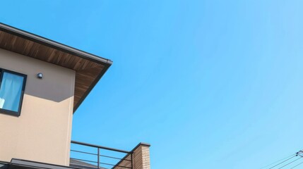 A minimalist aesthetic picture showcasing the upper corner of a modern house against a vibrant blue sky