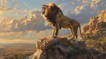 Majestic lion's roar echoes across the savannah, a powerful call from atop a cliff, asserting...