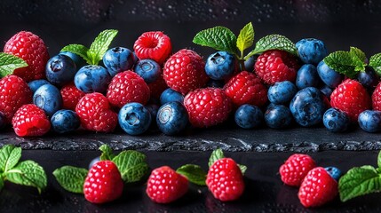   Raspberries, blueberries, and raspberries arranged in a row on a black surface with green leaves