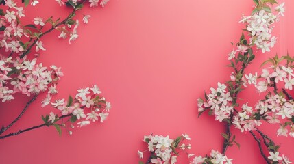 Top view flat lay image featuring blooming bird cherry branches set against a bright pink background Ideal for creating cards banners and posters for occasions like Mother s Day and Spring 