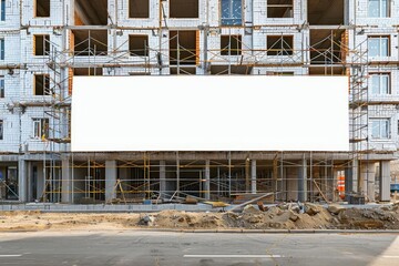 Long blank hoarding with space for advert mockup on construction site under unfinished building with scaffold
