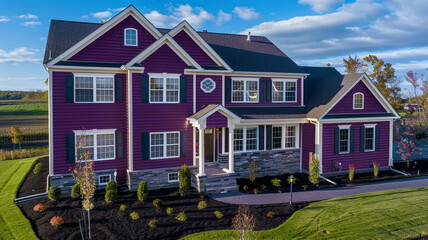 An aerial perspective captures the elegant eggplant purple house with siding and shutters, 
