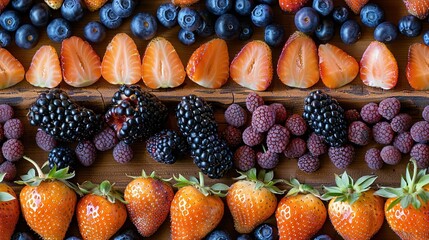   A wooden table topped with assorted strawberries, blueberries, oranges, and raspberries