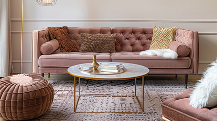 An upscale living room with a dusty rose velvet sofa, sleek coffee table, and elegant gold decor. The soft carpet and stylish pouf round out the luxurious setting, in ultra HD clarity.