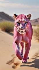 Pink panther walks on sand in the desert