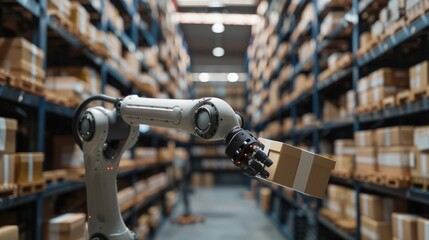 Robotic arm in bustling warehouse delicately handling package with precision and grace
