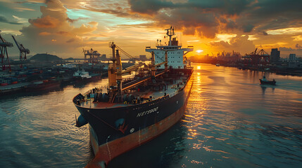 Aerial front view of a heavy crude oil tanker travelling over calm sea  - Powered by Adobe