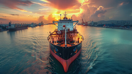 Aerial front view of a heavy crude oil tanker travelling over calm sea 