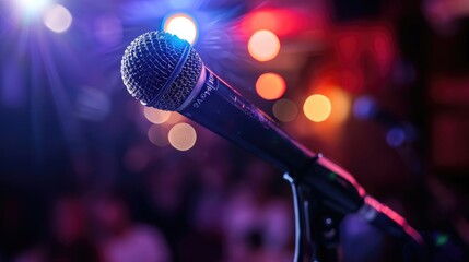 Microphone on Stage with Blurred Audience Background