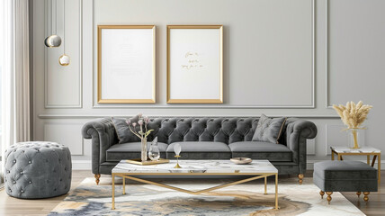 A frontal panoramic view capturing the inviting depth of a living room with a slate velvet sofa,