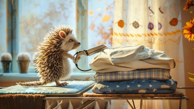   A Hedgehog Sits Atop A Table With A Pile Of Folded Clothes And Stacked Shirts