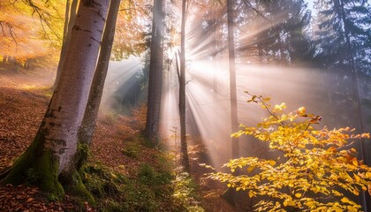 magical autumn scenery in a dreamy forest with rays of sunlight beautifully illuminating the wafts...