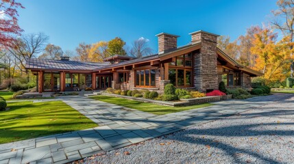 Fototapeta premium A modern wooden home with large windows amidst vibrant autumn foliage offers a warm, inviting atmosphere